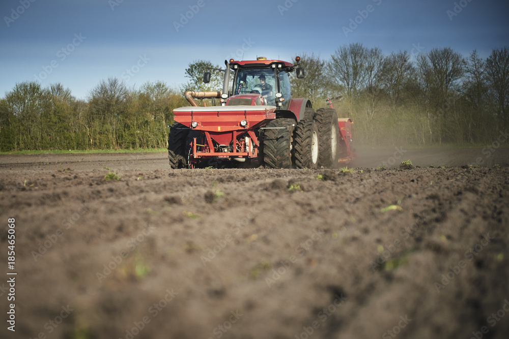 Fototapeta premium Red tractor plow field