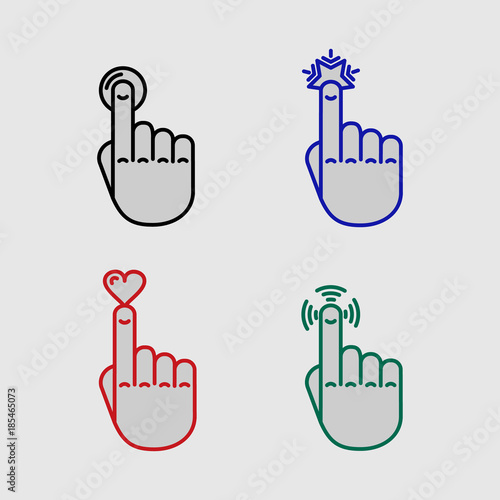 Vector illustration. Set of buttons with hand. Set of power buttons.