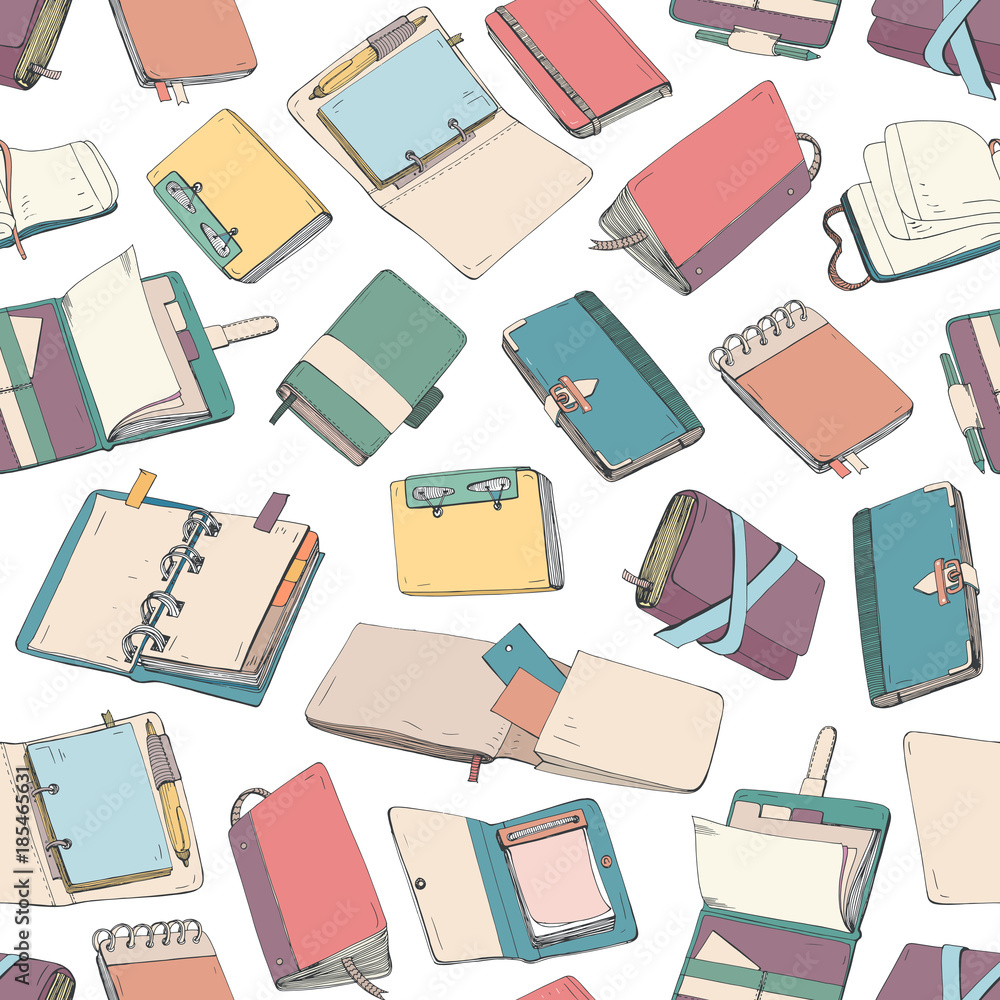 Seamless pattern with colorful notepad, notebook, diaries, sketchbooks ...