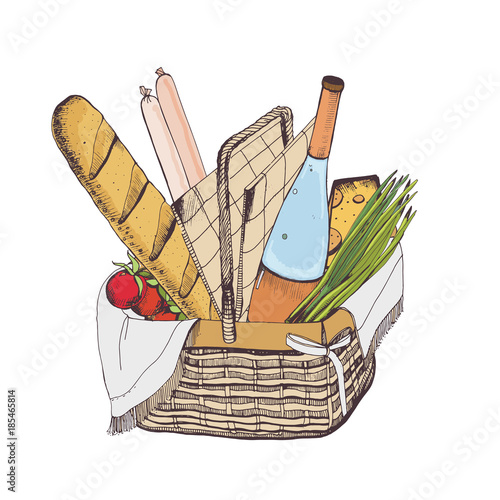 Colorful drawing of traditional wicker picnic basket for outdoor dining full of food isolated on white background - baguette, cheese, sausages, tomatoes, wine. Hand drawn vector illustration.