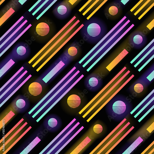Futuristic seamless pattern with glowing gradient colored circles, stripes and diagonal parallel lines