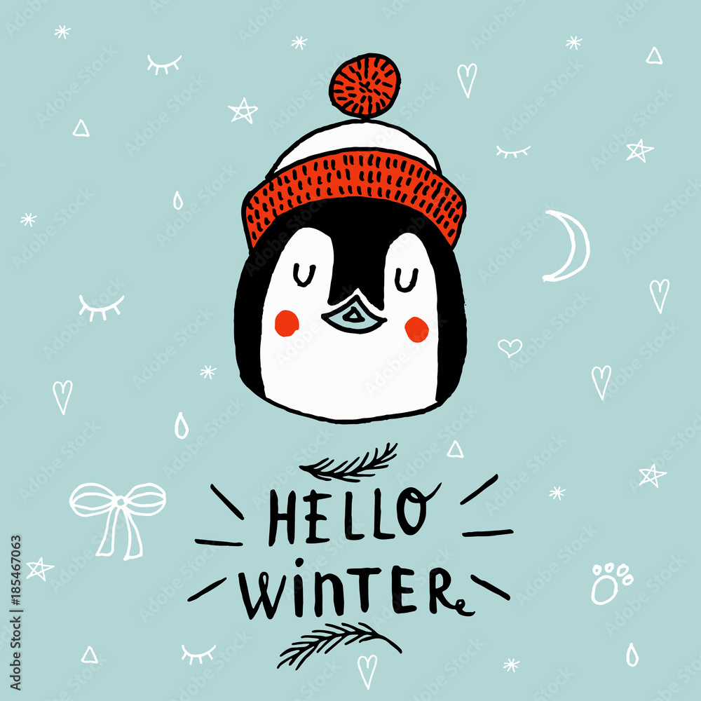 Obraz Kartka świąteczna z pingwinem z napisem Hello Winter. Wesołych Świąt i Szczęśliwego Nowego Roku.