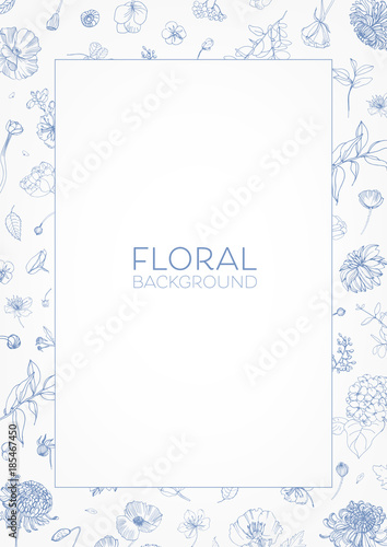 Elegant decorative floral frame or border with blooming garden flowers hand d...