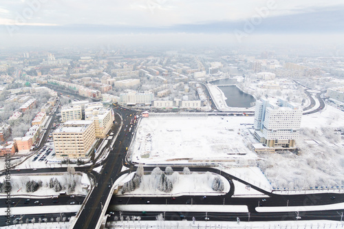Aerial: Snow-capped city of Kaliningrad, Russia