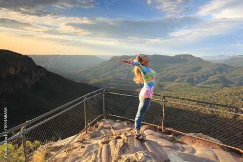 Female embrace the new day with positive affirmations Blue Mountains Australia photo