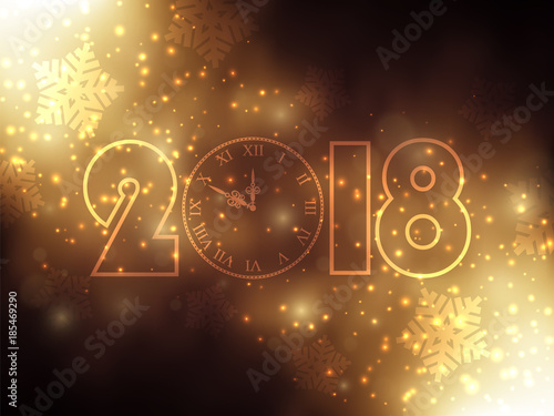 New Year background with gold clock. Gold glitter stardust background. Vector illustration
