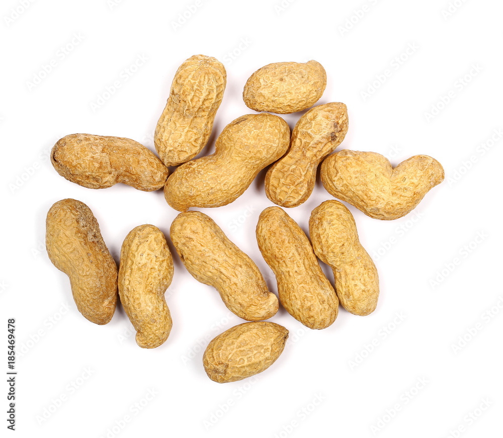 Peanuts with shells isolated on white background, top view Peanuts with shells isolated on white background, top view
