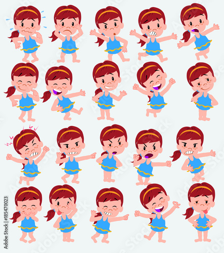 Cartoon character white girl in a swimsuit. Set with different postures, attitudes and poses, doing different activities in isolated vector illustrations.
