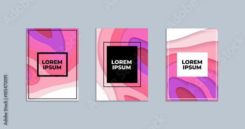 Abstract paper cut cover design. Vector creative illustration. Three romantic posters textured with wavy paper layers. Flyers or brochure template. 3d topography relief covers. Material design