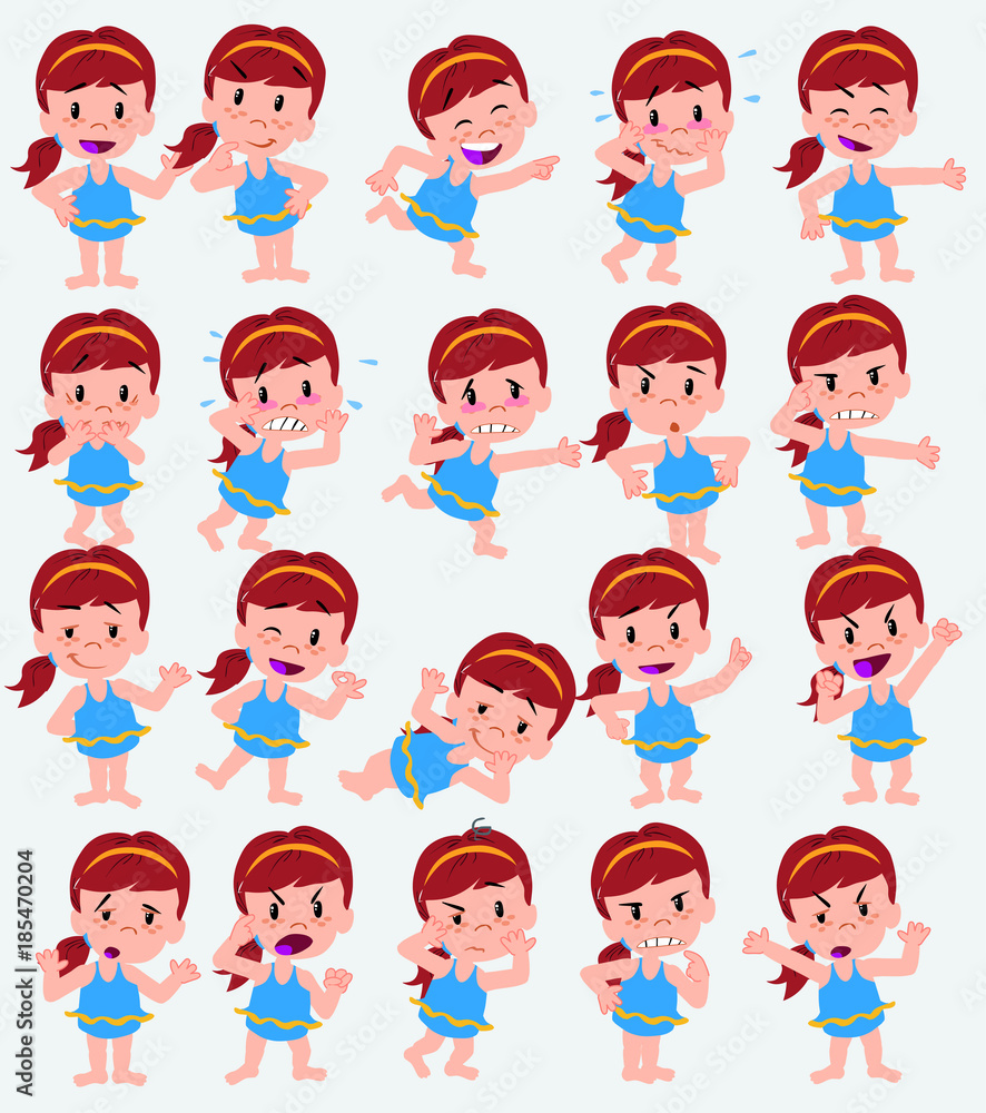 Cartoon character white girl in a swimsuit. Set with different postures, attitudes and poses, doing different activities in isolated vector illustrations. Cartoon character white girl in a swimsuit. Set with different postures, attitudes and poses, doing different activities in isolated vector illustrations.