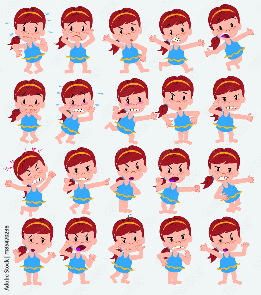 Cartoon character girl in a swimsuit. Set with different postures, attitudes and poses, always in negative attitude, doing different activities in vector vector illustrations. Cartoon character girl in a swimsuit. Set with different postures, attitudes and poses, always in negative attitude, doing different activities in vector vector illustrations.