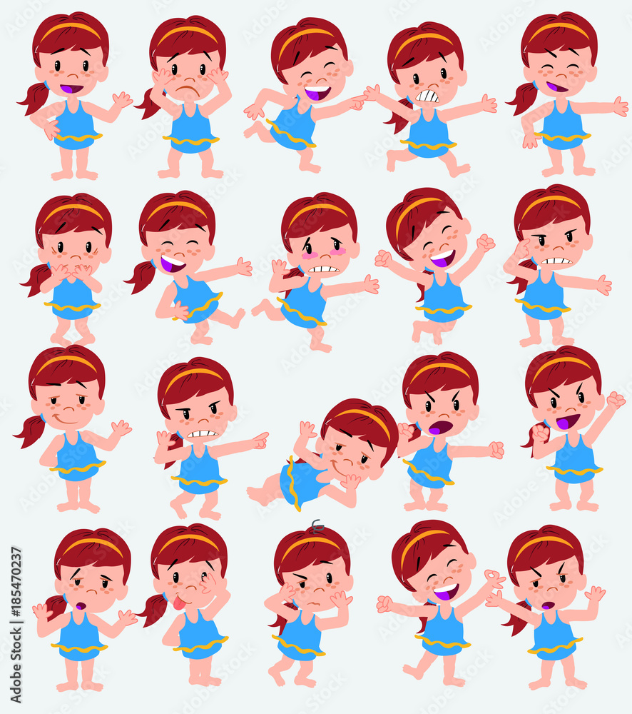 Cartoon character white girl in a swimsuit. Set with different postures, attitudes and poses, doing different activities in isolated vector illustrations. Cartoon character white girl in a swimsuit. Set with different postures, attitudes and poses, doing different activities in isolated vector illustrations.