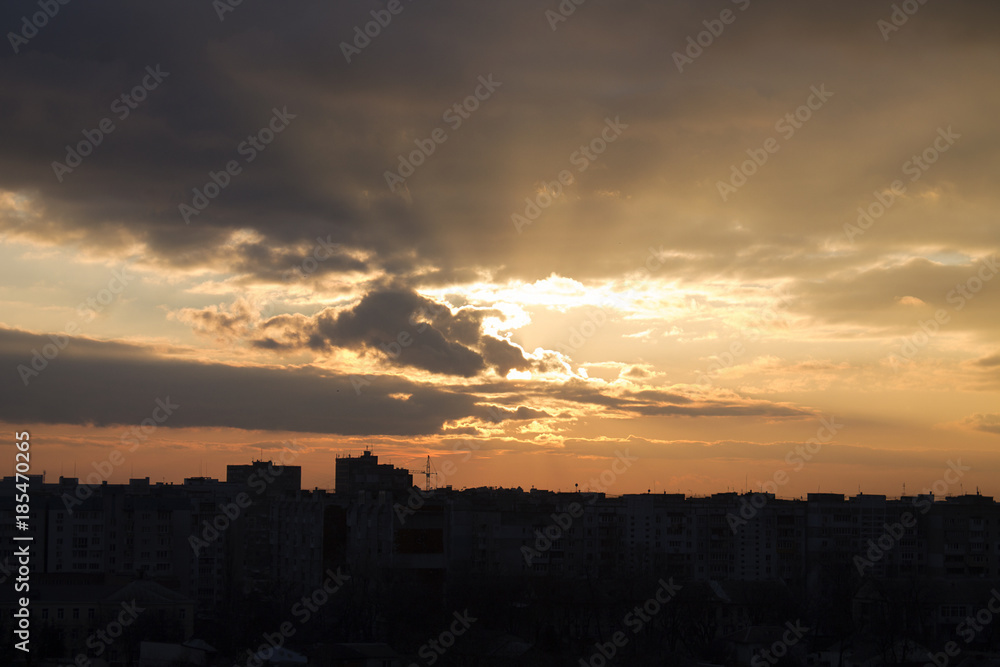 Sunset sky and cloud with siluate city scape