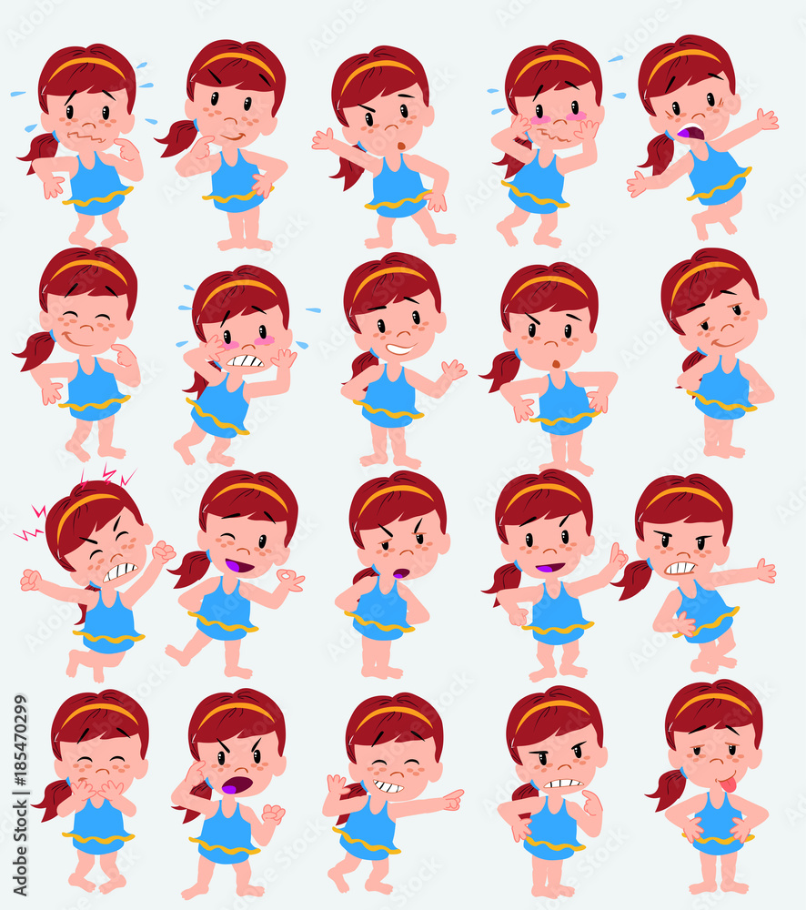 Cartoon character white girl in a swimsuit. Set with different postures, attitudes and poses, doing different activities in isolated vector illustrations. Cartoon character white girl in a swimsuit. Set with different postures, attitudes and poses, doing different activities in isolated vector illustrations.