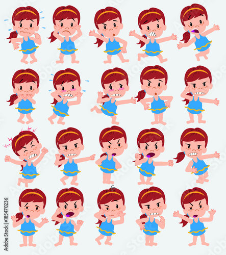 Cartoon character girl in a swimsuit. Set with different postures, attitudes and poses, always in negative attitude, doing different activities in vector vector illustrations.