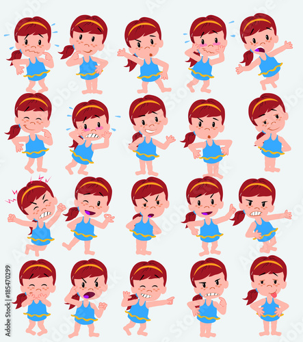 Cartoon character white girl in a swimsuit. Set with different postures, attitudes and poses, doing different activities in isolated vector illustrations.
