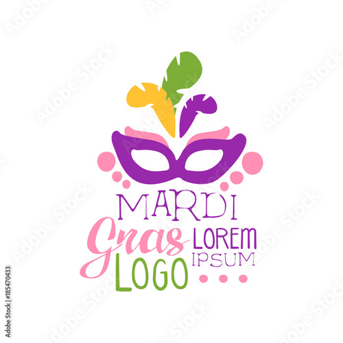 Flat illustration of purple mask with colorful feathers for Mardi Gras holiday logo. Fat Tuesday. Vector isolated on white