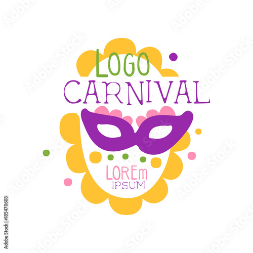 Illustration of abstract carnival face in purple mask for Mardi Gras holiday logo. Fat Tuesday. Colorful flat vector isolated on white