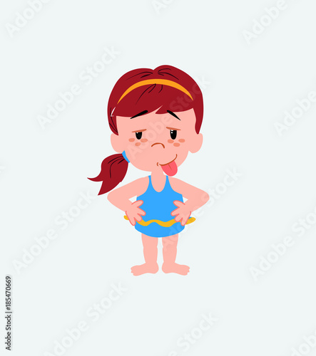 White girl in a swimsuit in waiting attitude with funny expression.