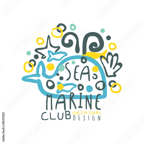 Abstract illustration with whale and decoration for sea club logo original design template. Kids style drawing. Hand drawn colorful vector isolated on white.