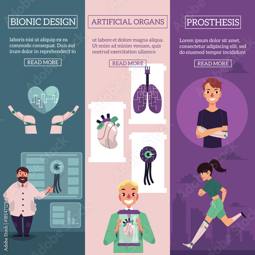 Vector bionic organs in modern medicine conceptual infographic posters with space for text illustration. Modern technologies in prosthetics, making robotic internal organs and bioprinting design.