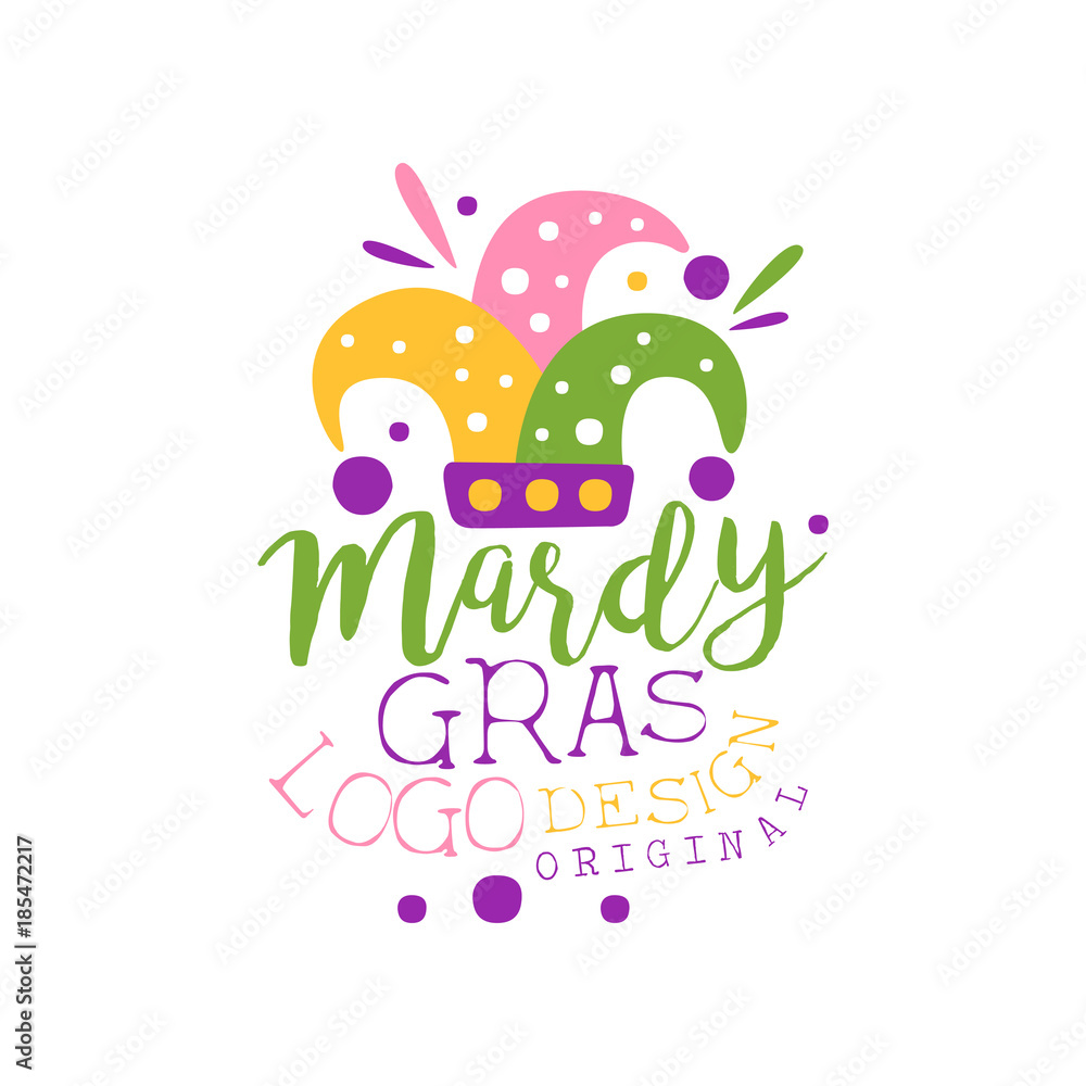 Hand drawn Mardi Gras holiday logo template with colorful fool s cap and lettering. Fat Tuesday, carnival. Flat vector isolated on white