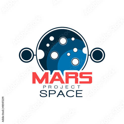 Creative astronomical logo with planet. Mars project, space discovery. Colored icon in outline style with inscription. Flat vector for emblem, label or badge