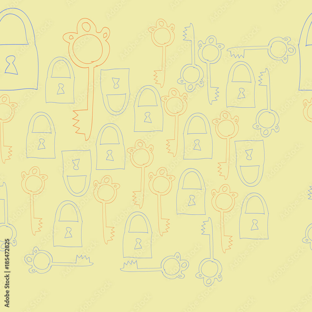 Keys and locks seamless, pattern . Hand drawn.