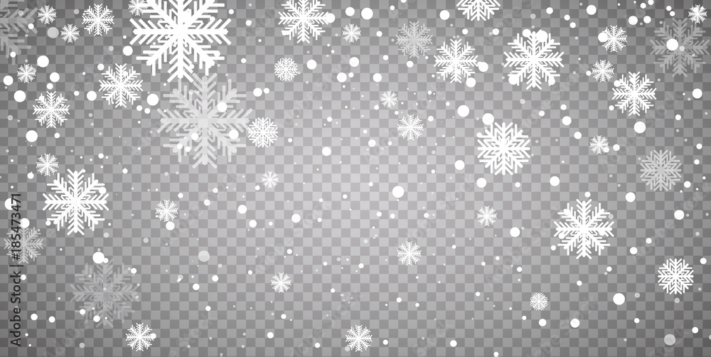 Fototapeta premium Pień wektor ilustracja spadający śnieg. Płatki śniegu, opady śniegu. Przezroczyste tło. Upadek śniegu.