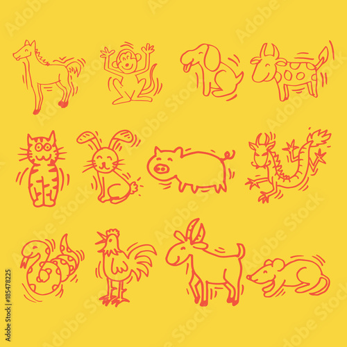 Fototapeta Naklejka Na Ścianę i Meble -  12 Animals of Chinese Calendar. Cartoon style.
