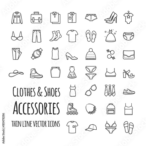 Clothes, shoes, accessories thin line vector set icons