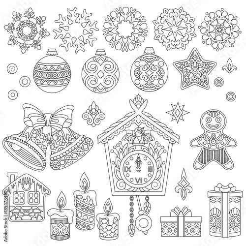 Christmas doodles. Coloring book. Coloring page. Collection of holiday decorations and ornaments for 2018 Happy New Year greeting card. Freehand sketch drawing with zentangle elements.