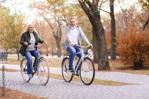 Senior couple riding bicycles in park