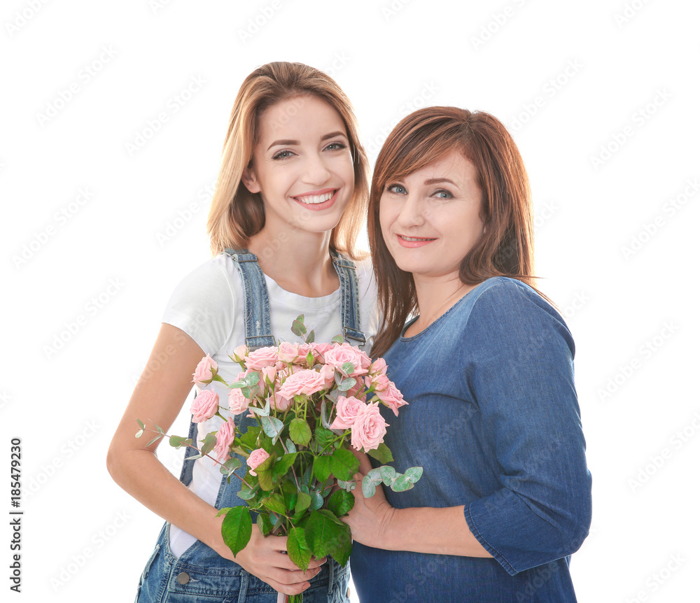 Attractive young woman with her mother on white background Attractive young woman with her mother on white background