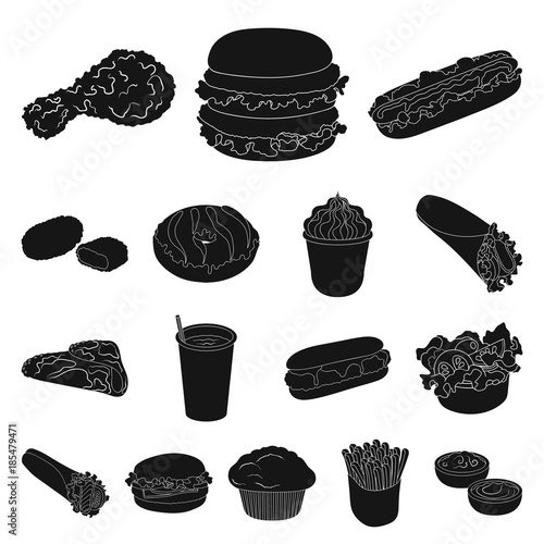 Fast food black icons in set collection for design.Food from semi-finished products vector symbol stock web illustration.