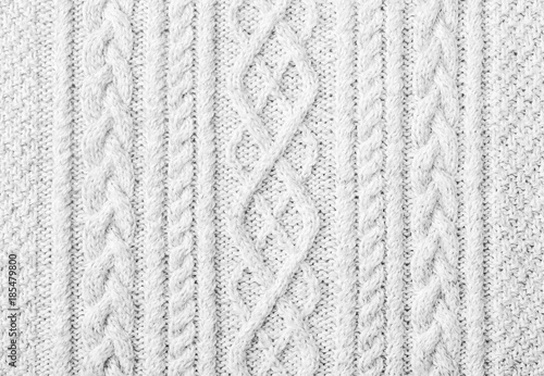 Close up of white knitted sweater background, texture with copy space
