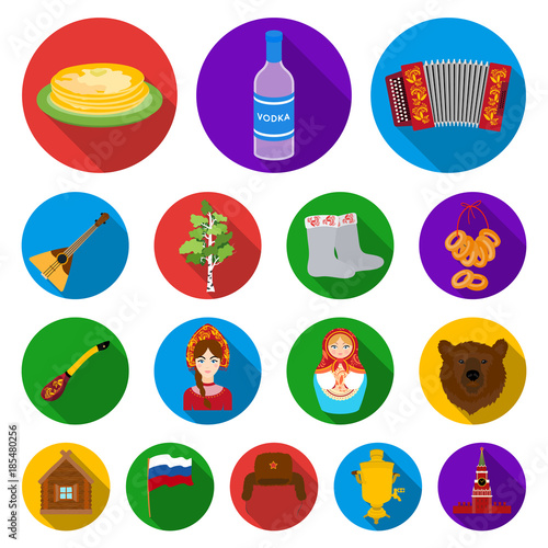 Country Russia, travel flat icons in set collection for design. Attractions and features vector symbol stock web illustration.