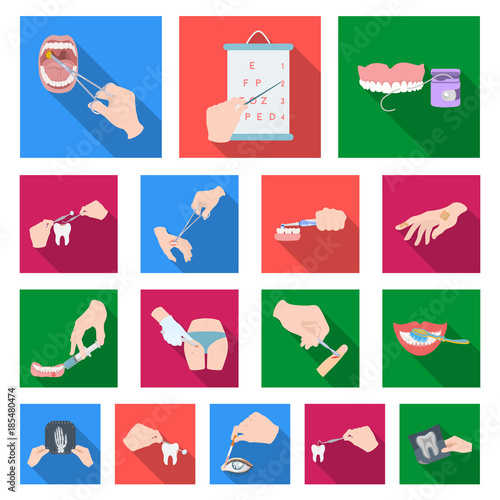 Manipulation by hands flat icons in set collection for design. Hand movement in medicine vector symbol stock web illustration.