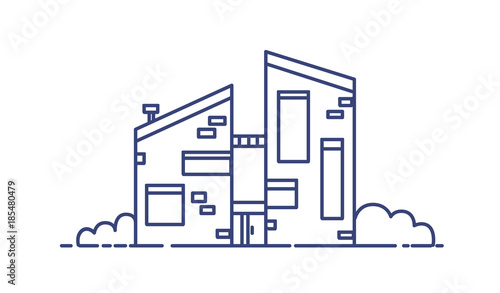 Brick house built using ecological materials. Modern city building drawn with...