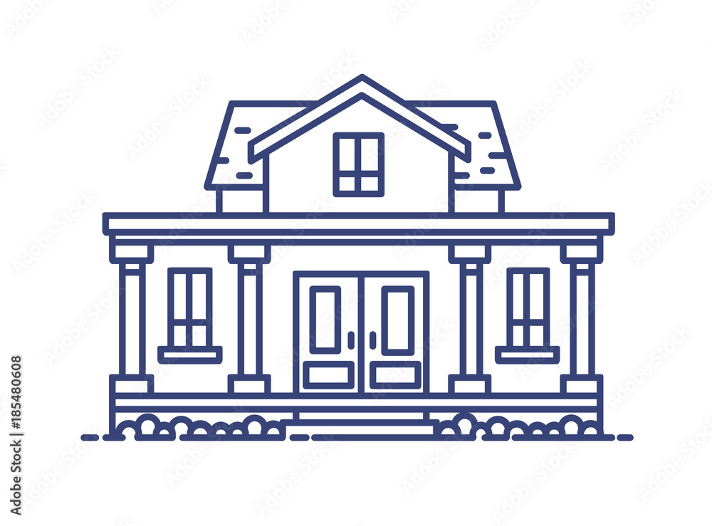 Two-story residential house with porch and columns built in classic architectural style. Elegant building drawn with blue contour lines on white background. Vector illustration in lineart style.