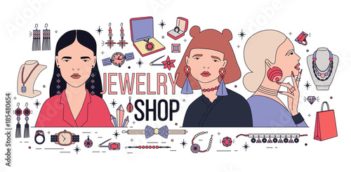 Modern banner with young beautiful girls wearing stylish massive earrings. Set of fashionable jewelry items isolated on white background. Colorful vector illustration for shop or store promotion.