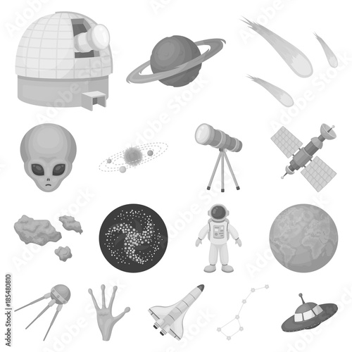 Space technology monochrome icons in set collection for design.Spacecraft and equipment vector symbol stock web illustration.