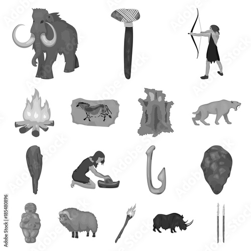 Life in the Stone Age monochrome icons in set collection for design. Ancient people vector symbol stock web illustration.