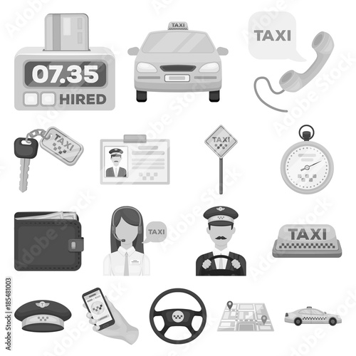 Taxi service monochrome icons in set collection for design. Taxi driver and transport vector symbol stock web illustration.