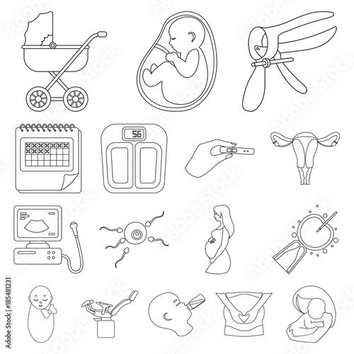Woman and pregnancy outline icons in set collection for design. Gynecology and equipment vector symbol stock web illustration.