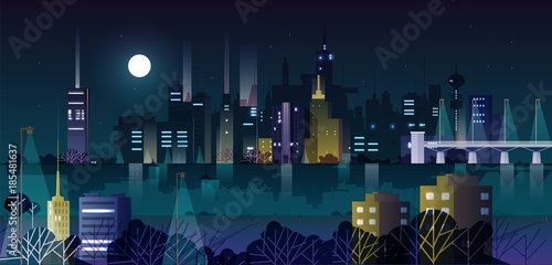 Urban landscape or cityscape with modern buildings and skyscrapers illuminate...