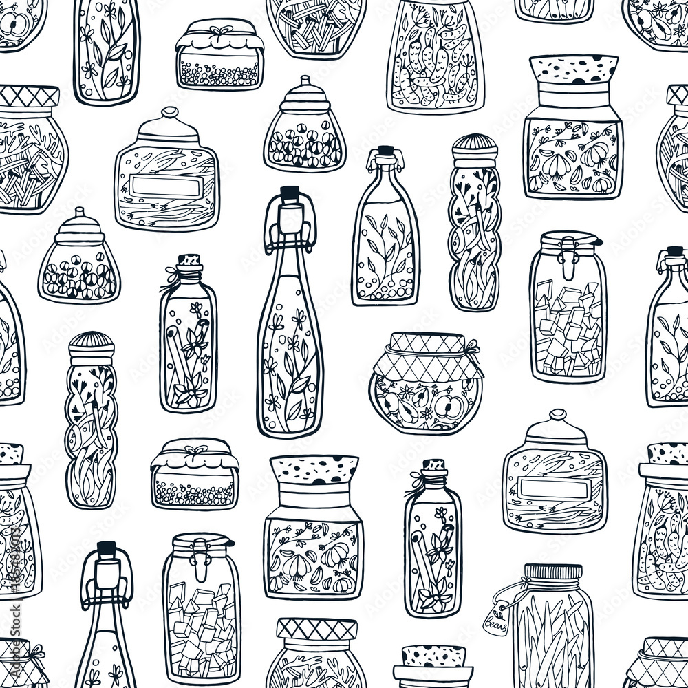 Preserves Patterns Monochrome seamless pattern with homemade preserves in glass jars and ...