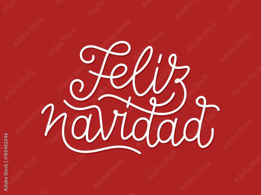 Feliz Navidad spanish Merry Christmas calligraphic line art style lettering quote on red background. Gift card design with wishes for winter holiday. Vector modern typography