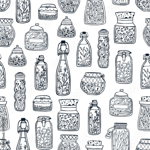 Monochrome seamless pattern with homemade preserves in glass jars and bottles hand drawn with black contour lines on white background. Vector illustration for fabric print, wallpaper, backdrop.