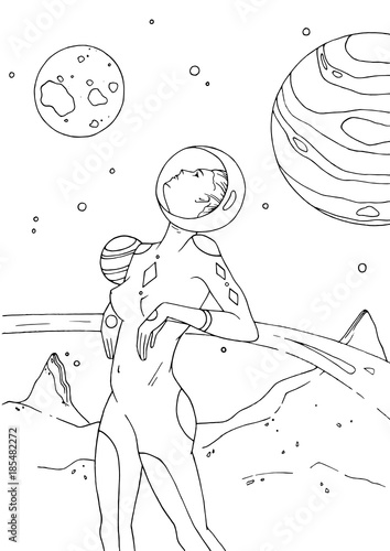 Female cosmonaut or astronaut dressed in space suit standing on surface of deserted planet and looking up. Girl in helmet drawn with black contour lines on white background. Vector illustration.
